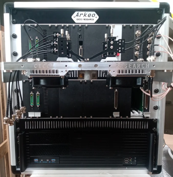 ARKEO multichannel platform with measurement stages mounted in front of the rack