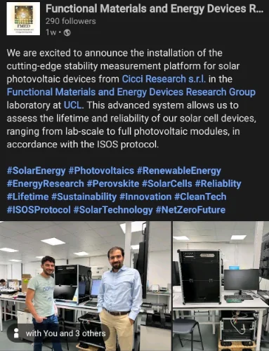 Post from the Functional Materials and Energy Devices Research Group about a CICCI Research installation at UCL
